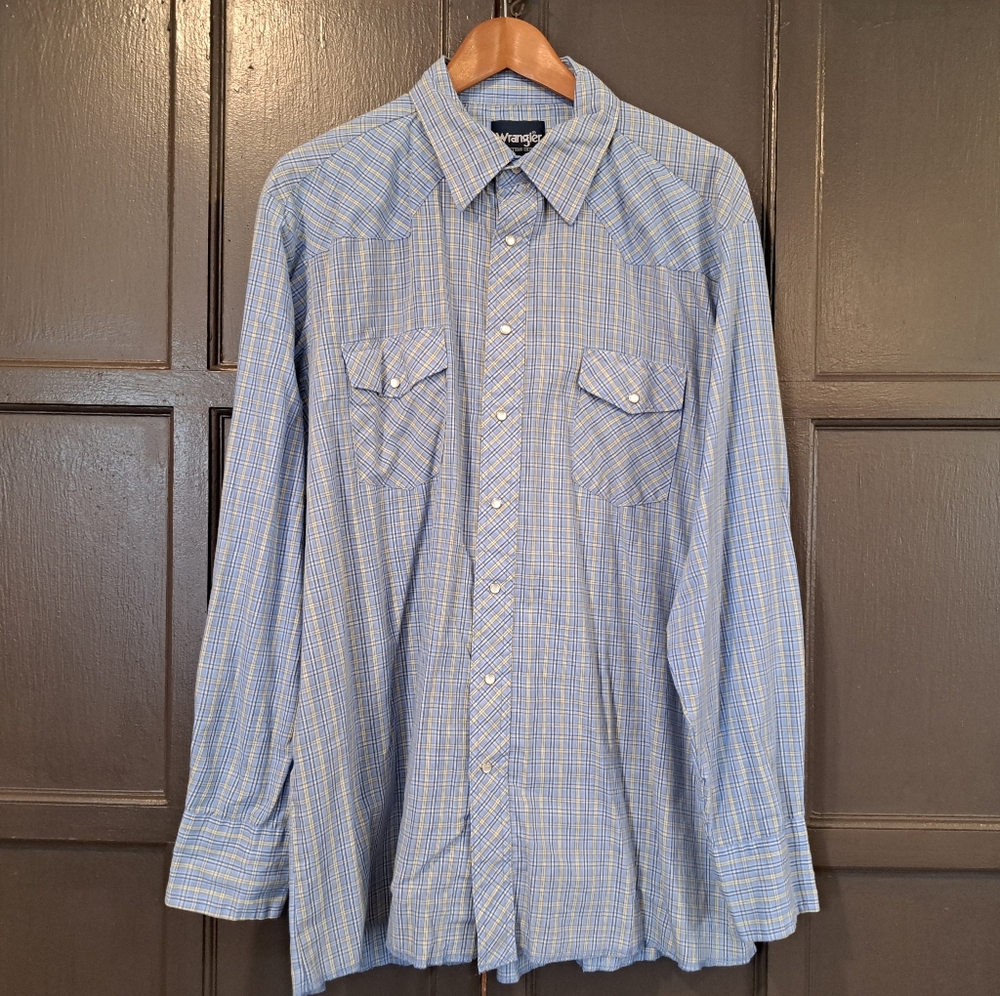 Light blue and yellow plaid Wrangler western shirt